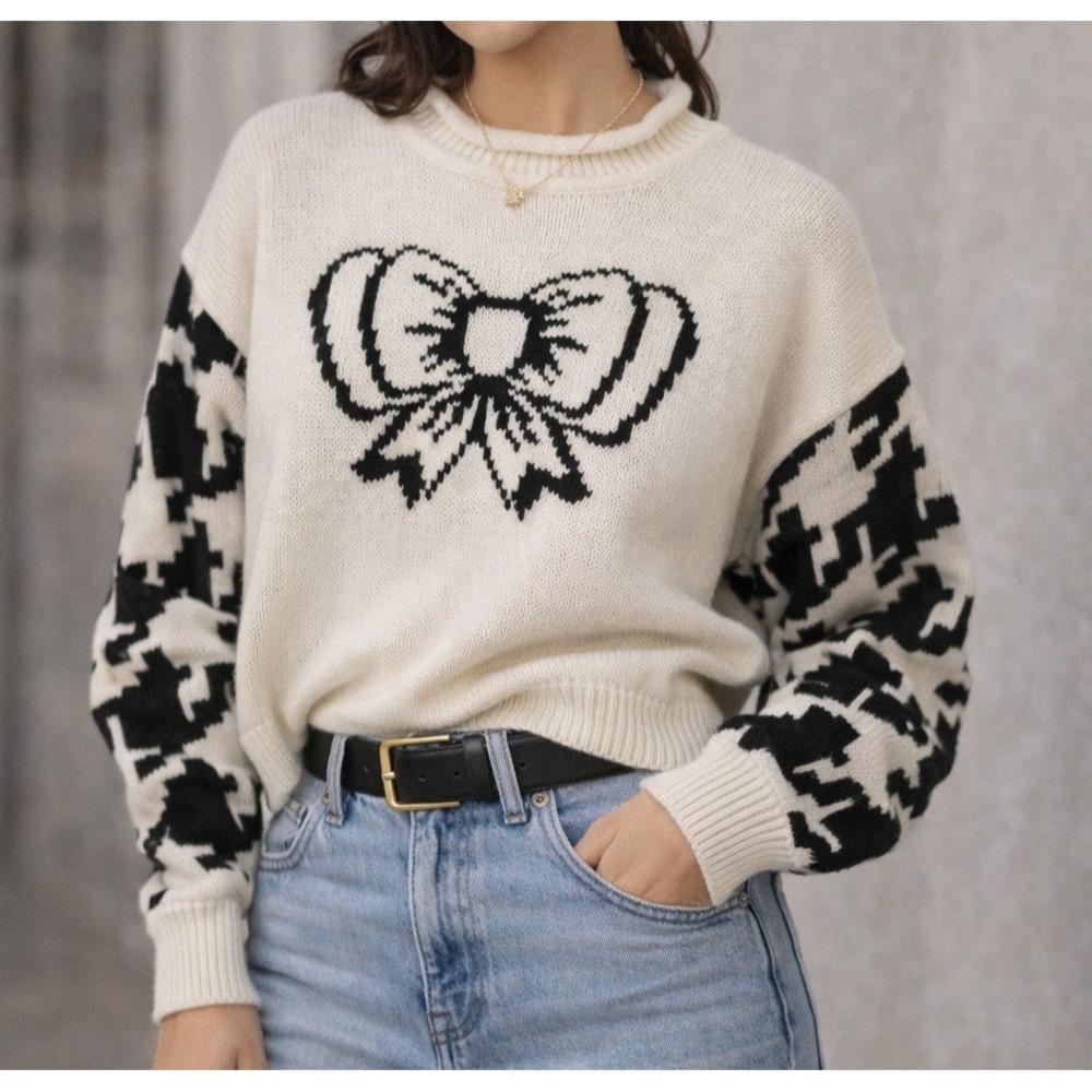 Vintage 1987 Avenue Mireille Bitton Bow Houndstooth Sweater Black Cream Large